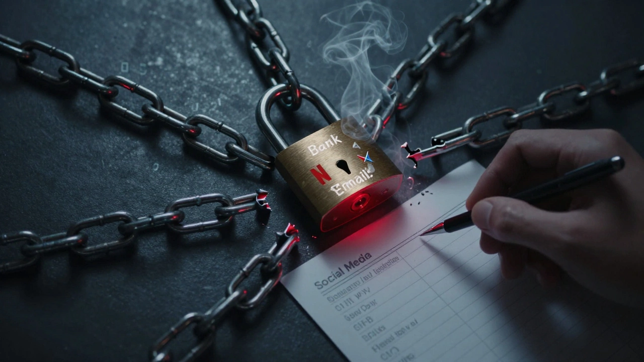 A digital lock made of website-linked chains being broken by a shadowy hand holding a spreadsheet.