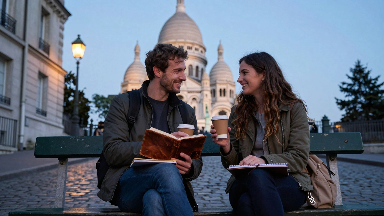 A guide and traveler share coffee on a quiet Montmartre bench, Sacré-Cœur glowing softly in the background.