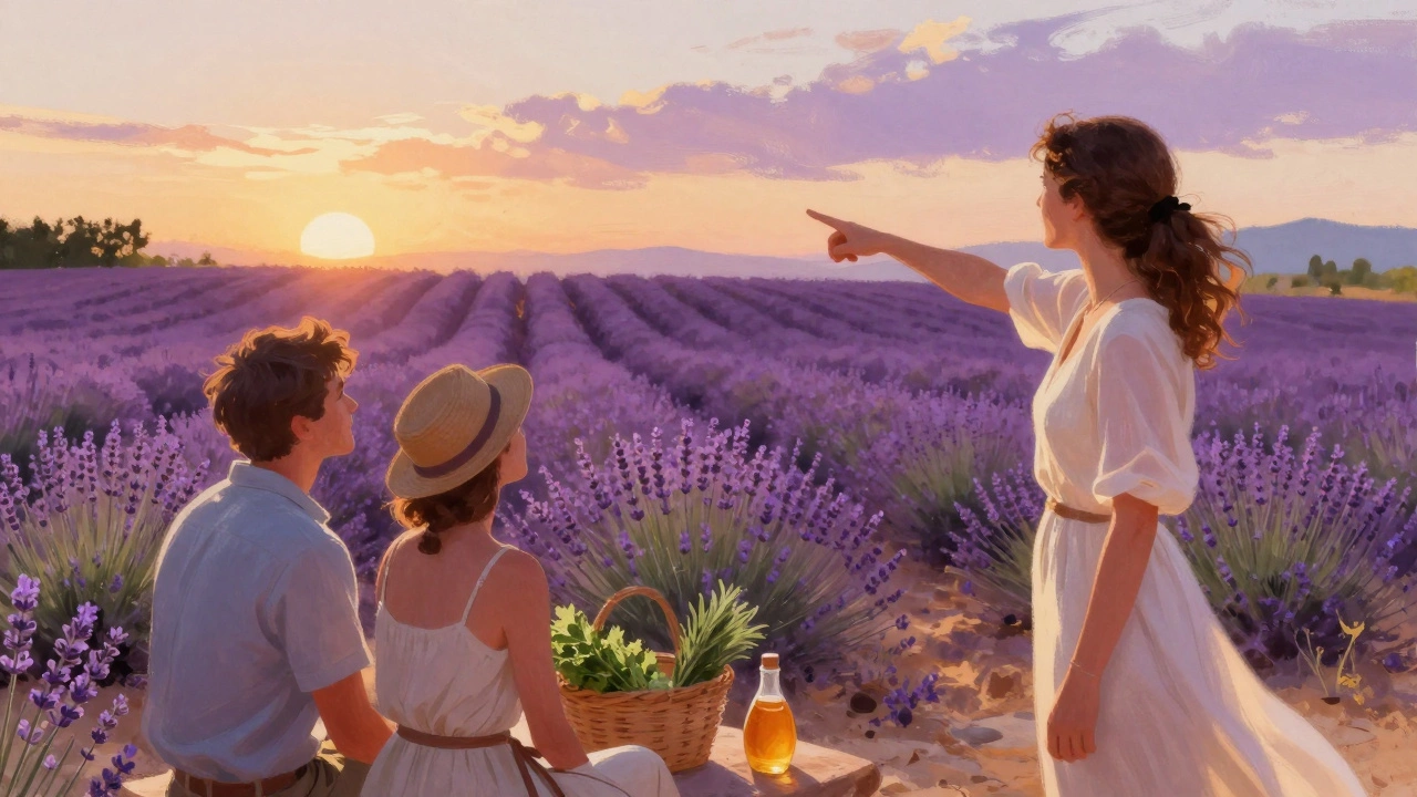 A guide points to lavender fields at sunset in Provence, travelers listening quietly amid herbs and honey bottles.