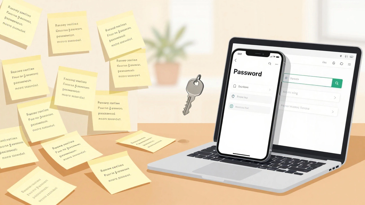 Split screen: messy sticky notes on left, clean password manager interface on right.